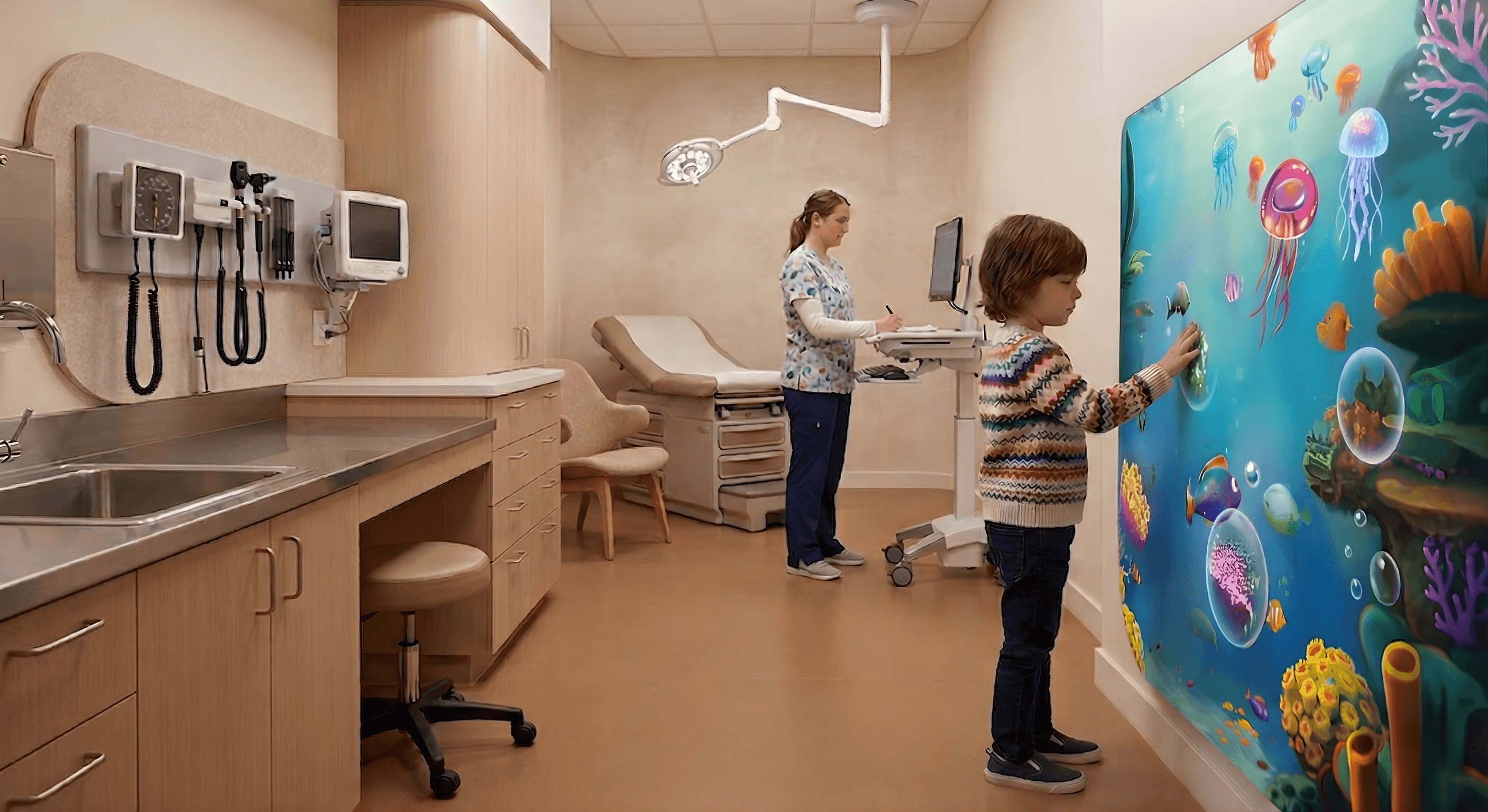 A child engaging with AR technology in a pediatric healthcare environment.